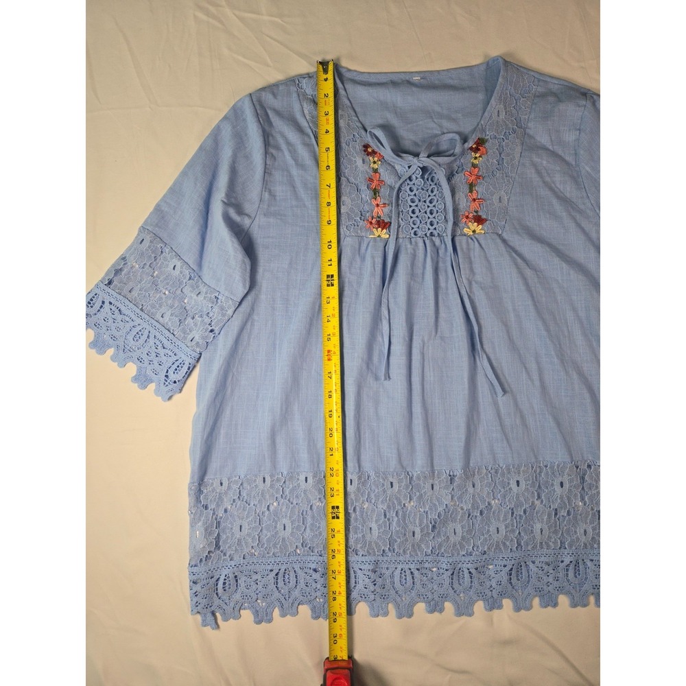 Light Blue Embroidered Eyelet Lace Peasant Top Sz 3XL Boho Cottagecore Prairie - Picture 11 of 16